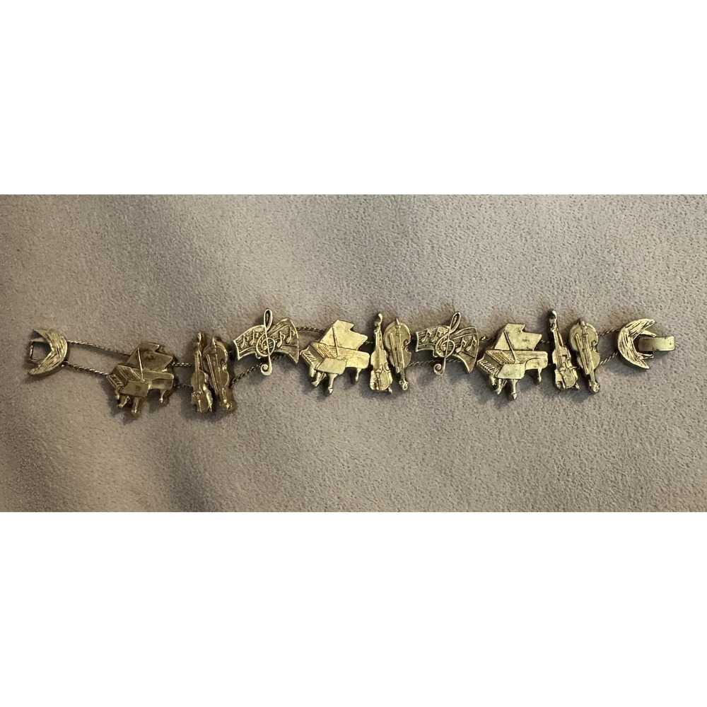 Vintage Tofa 1995‎ BG Gold Toned Music Instruments Charm Style Bracelet 7"